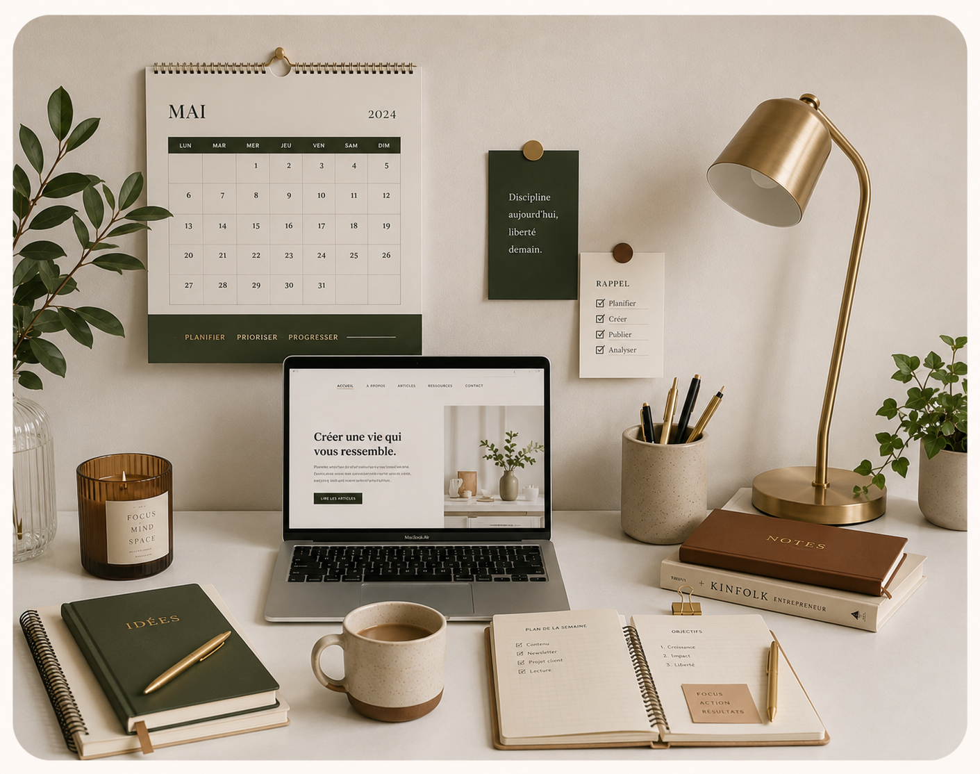 Bureau organisé avec calendrier, ordinateur, agenda et café pour planifier ses finances